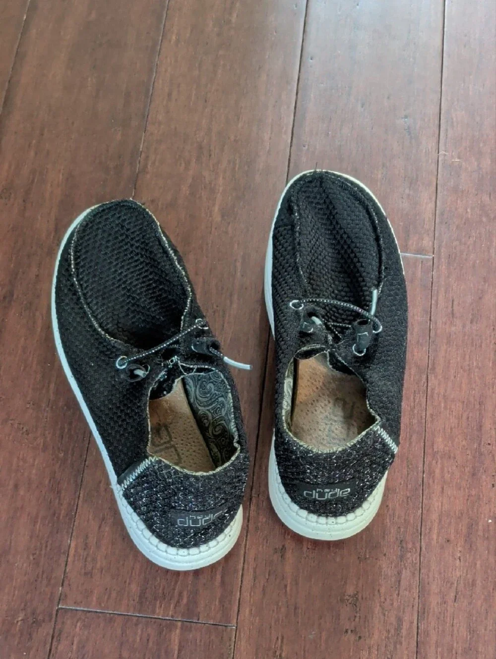 Hey Dude Mens Black Mesh Slip-On Loafers with White Sole